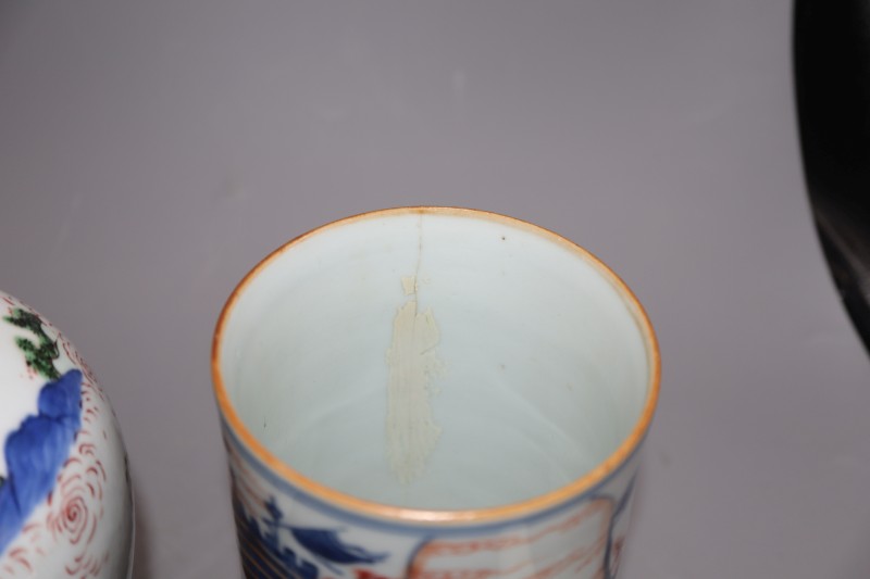 A Chinese famille verte wucai vase, a Chinese blue and white and an Imari mug, tallest 18cm